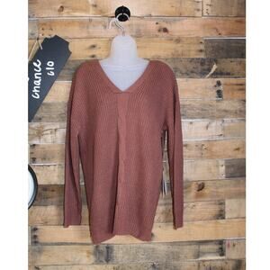 SALE-Coverstitched women's amber brown V neckline knitted sweater size small